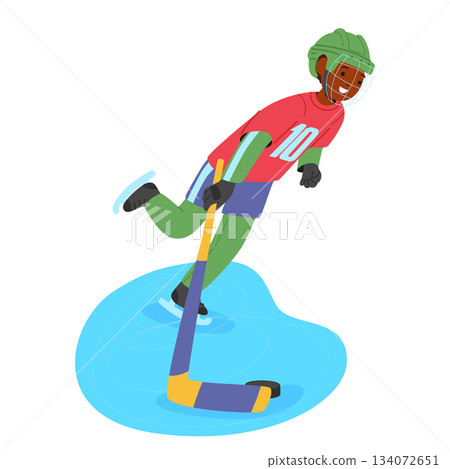 African American boy schoolchild cartoon character wearing full gear playing hockey on rink African American boy schoolchild cartoon character wearing full gear playing hockey on rink 134072651