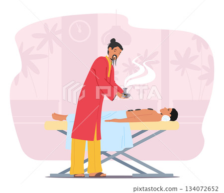 Master applying thalassotherapy and aromatherapy Eastern alternative medicine cartoon scene 134072652
