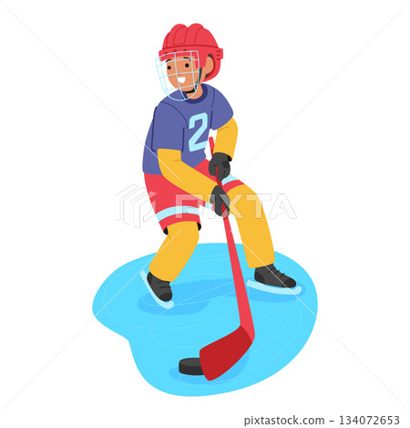 Schoolchild hockey player cartoon character playing match enjoying winter sports hobby recreation 134072653