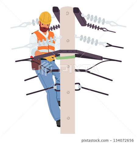 Industrial climber performing high-access work at power transmission lines isolated on white 134072656