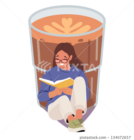 Teenage student cartoon character reading book leaning back to huge cup of coffee isolated on white 134072657