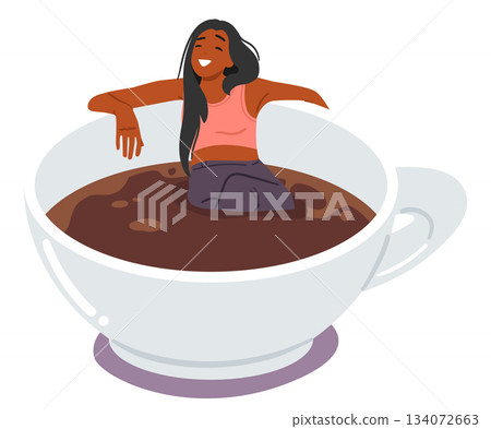 Satisfied woman cartoon character in huge cup of coffee enjoying blissful escape from stress Satisfied woman cartoon character in huge cup of coffee enjoying blissful escape from stress 134072663