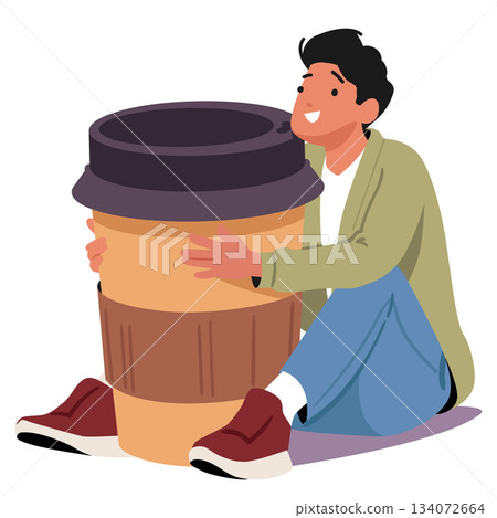 Smiling glad man cartoon character hugging huge takeaway cup of coffee isolated on white background 134072664