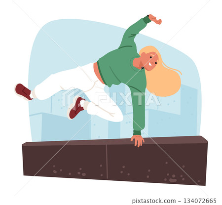 Young teenage girl cartoon character jumping over obstacles enjoying extreme parkour city sport Young teenage girl cartoon character jumping over obstacles enjoying extreme parkour city sport 134072665