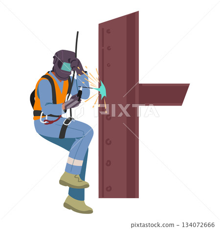 Industrial worker welder male cartoon character in full protective gear working suspended by rope 134072666