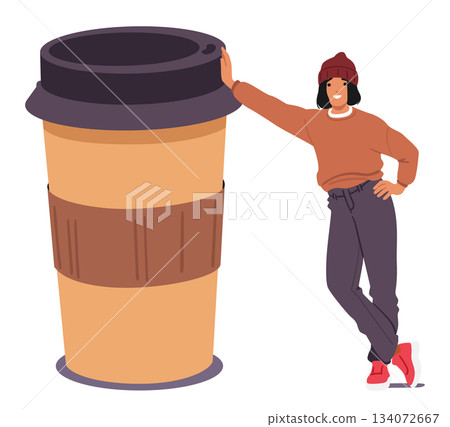 Tiny hipster teenage girl coffee lover cartoon character with huge takeaway cup isolated on white Tiny hipster teenage girl coffee lover cartoon character with huge takeaway cup isolated on white 134072667
