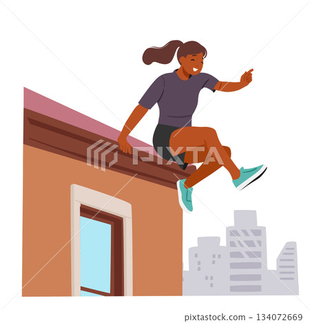 Young girl athlete cartoon character jumping off house rooftop challenging parkour workout scene 134072669