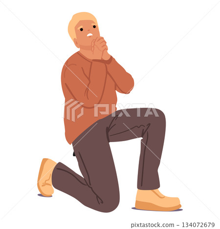 Man character kneeling in praying position playing role at drama theatre class isolated on white 134072679