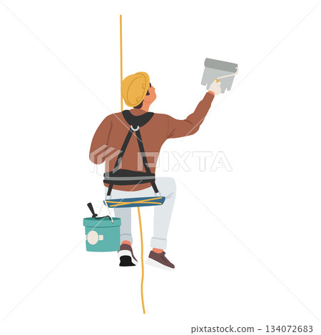 Industrial climber cartoon character painting walls of high-rise building isolated on white Industrial climber cartoon character painting walls of high-rise building isolated on white 134072683