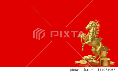 Golden Rearing Horse with Chinese Wealth Symbols on Red 3d render. Golden Rearing Horse with Chinese Wealth Symbols on Red 3d render. 134073067