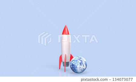 Colorful Rocket beside Earth Globe on Soft Blue Background 3d render. 134073077