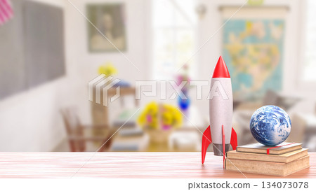 Rocket and Earth Globe on Books in Bright Classroom Setting 3d render 134073078