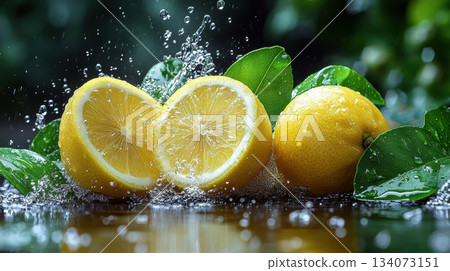 Lemon Slices Splashing in Water on Black Background. Juicy lemon slices captured mid-splash in clear water over black background, showcasing freshness, citrus energy, and dynamic movement. 134073151