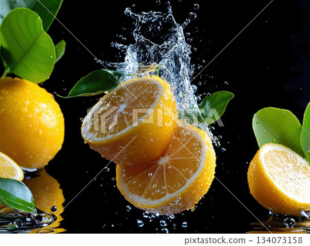 Lemon Slices Splashing in Water on Black Background. Juicy lemon slices captured mid-splash in clear water over black background, showcasing freshness, citrus energy, and dynamic movement. 134073158