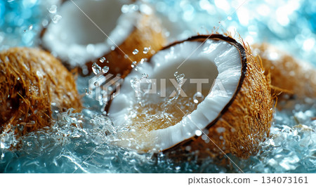 Coconuts Splash on Tropical Beach Background, Water splashing from a coconut, blue background, tropical vibes and palm trees background, evoking tropical refreshment and vacation mood 134073161