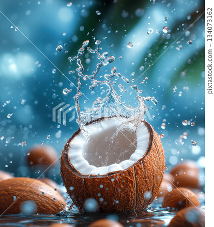 Coconuts Splash on Tropical Beach Background, Water splashing from a coconut, blue background, tropical vibes and palm trees background, evoking tropical refreshment and vacation mood 134073162