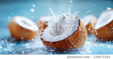 Coconuts Splash on Tropical Beach Background, Water splashing from a coconut, tropical background, blue sky, fresh and delicious coconuts 134073163
