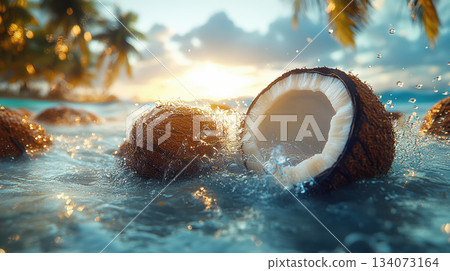 Coconuts Splash on Tropical Beach Background, Water splashing from a coconut, tropical background, blue sky, fresh and delicious coconuts Coconuts Splash on Tropical Beach Background, Water splashing from a coconut, tropical background, blue sky, fresh and delicious coconuts 134073164