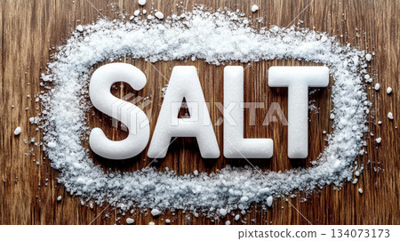 Word "SALT" spelled out in block letters and textured with coarse salt crystals, scattered on pastel blue background to create clean and minimal composition. Salt Word Made from Salt Crystals 134073173