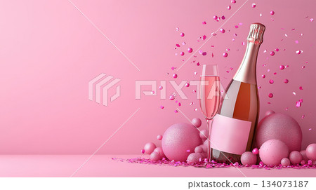 Festive background with Christmas and New Year. Bottle of champagne and sparkles pink background. Celebration banner concept. 134073187