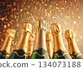 Festive background Christmas and New Year celebration. Bottles champagne minimalist and sparkles gold glitter green bokeh background. Festive banner concept. 134073188