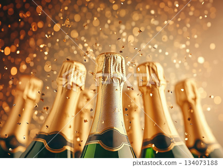 Festive background Christmas and New Year celebration. Bottles champagne minimalist and sparkles gold glitter green bokeh background. Festive banner concept. 134073188