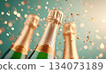 Festive background Christmas and New Year celebration. Bottles champagne minimalist and sparkles gold glitter green bokeh background. Festive banner concept. 134073189