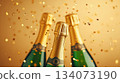 Festive background Christmas and New Year celebration. Bottles champagne minimalist and sparkles gold glitter green bokeh background. Festive banner concept. 134073190