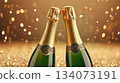 Festive background Christmas and New Year celebration. Bottles champagne minimalist and sparkles gold glitter green bokeh background. Festive banner concept. 134073191