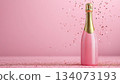 Festive background Minimalism style Christmas and New Year. Bottle one minimalistic champagne and sparkles pink background. Celebration banner concept. 134073193