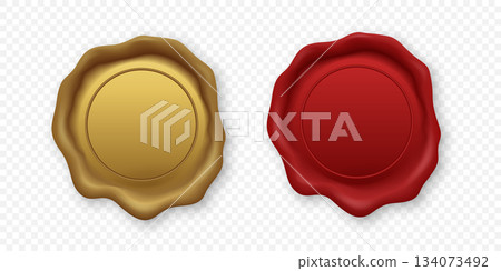 Vector 3d Realistic Wax Seal Icon Set. Red Wax Seal and Gold Wax Seal. Realistic Vintage Stamp for Certificate, Envelope, Letter, Branding, Logo, Document Closure, Invitation, Wedding, Isolated 134073492