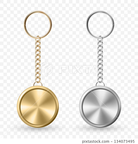 Vector 3d Realistic Metal Keychain Mockup Set in Gold and Silver, Isolated. Blank Round Metal Keychain for Branding, Souvenir Design, Logo Template, Gift Promotion. Vector Illustration Vector 3d Realistic Metal Keychain Mockup Set in Gold and Silver, Isolated. Blank Round Metal Keychain for Branding, Souvenir Design, Logo Template, Gift Promotion. Vector Illustration 134073495
