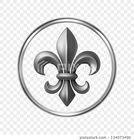 Vector 3d Silver Fleur De Lis Symbol in Round Frame. Elegant Royal Emblem. Classic French Heraldic Icon. Luxury Fleur De Lis Sign. Logo Design, Badge, Noble Decoration, Vintage Ornament 134073496