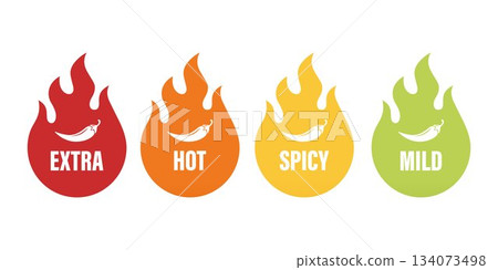 Vector Spicy Level Emblems, Icons with Chili Pepper in Flame Shapes. Extra Hot, Hot, Spicy and Mild Labels for Food Packaging, Menu Tags, Sauce Labels or Restaurant Spiciness Indicator, Vector Set Vector Spicy Level Emblems, Icons with Chili Pepper in Flame Shapes. Extra Hot, Hot, Spicy and Mild Labels for Food Packaging, Menu Tags, Sauce Labels or Restaurant Spiciness Indicator, Vector Set 134073498