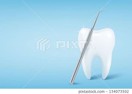 Vector 3d Realistic Tooth. Healthy White Tooth with Dental Probe on Blue Background. Dental Explorer Tool. Oral Care Tooth Concept. Dentist Equipment and Tooth Examination 134073502