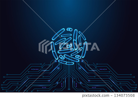 Digital bacteria sphere over electronic circuit board glowing medical biotech vector illustration Digital bacteria sphere over electronic circuit board glowing medical biotech vector illustration 134073508