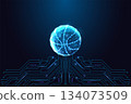 Futuristic digital basketball sphere glowing over electronic circuit board vector illustration 134073509