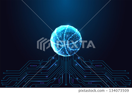 Futuristic digital basketball sphere glowing over electronic circuit board vector illustration Futuristic digital basketball sphere glowing over electronic circuit board vector illustration 134073509