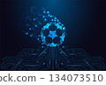 Futuristic digital soccer ball with glowing polygonal network and tech circuit background vector 134073510