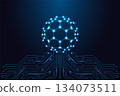 Glowing fullerene nanostructure sphere connected to circuit board futuristic science vector 134073511