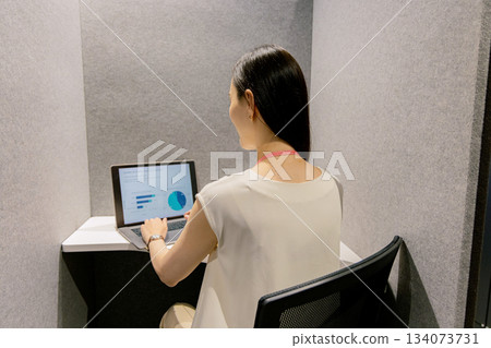 A woman operating a computer in a coworking space 134073731
