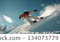 Snowboarder doing trick with white snowboard on snow, ai generated 134073779