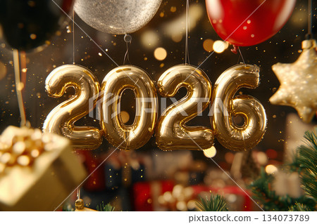 Decorative inflated foil balloon 2026 numbers, christmas font mockup, no gravity 134073789