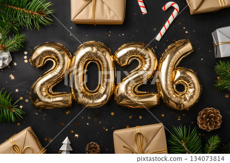 Decorative inflated foil balloon 2026 numbers, christmas font mockup dark background Decorative inflated foil balloon 2026 numbers, christmas font mockup dark background 134073814