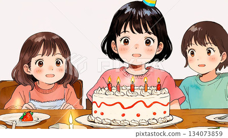 生日派對_三個孩子和生日蛋糕_微笑_朋友們 134073859