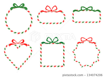 Red and green candy cane vector frames with bows, square, circle, heart and star shapes for holiday designs 134074206