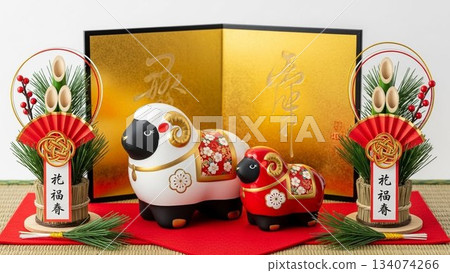 精美的新年裝飾品，包括金色屏風、門松裝飾品和鏡餅。 134074266