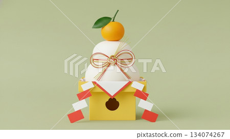 A minimalist New Year's photo of Kagami mochi rice cakes placed on a pale background 134074267
