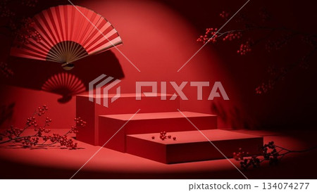 日式單色產品攝影背景設計，以折扇和底座為特色 134074277