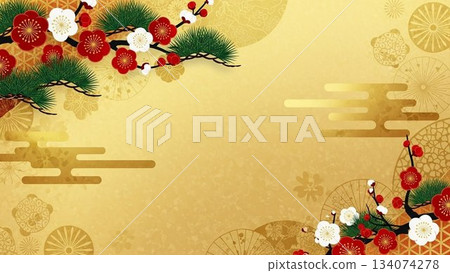 華麗的金色日式背景設計，點綴著零星的梅花和松樹圖案。 134074278